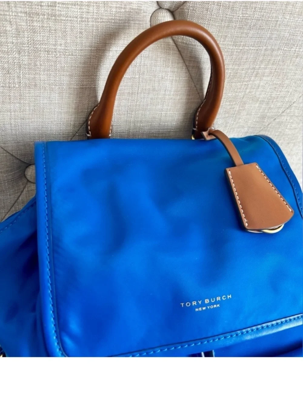 Tory Burch Perry Blue Nylon Backpack Leather Trim Gold Hardware NWOT